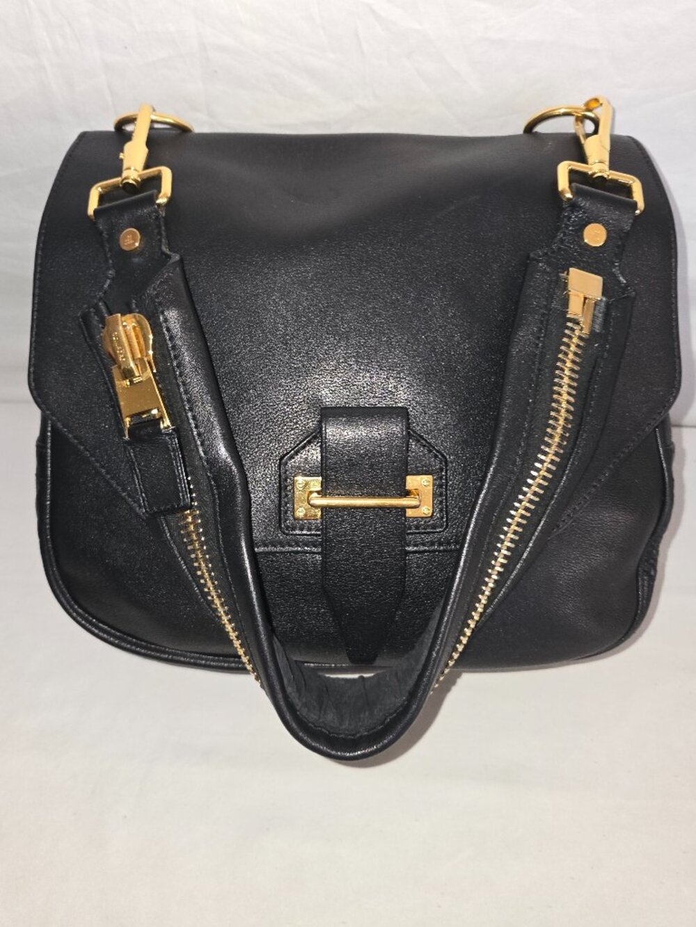 TOM FORD Black Calfskin Zipper Strap Slip Thru Flap Messenger Shoulder Bag